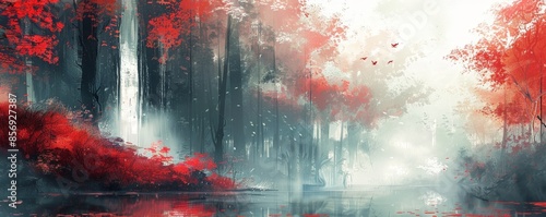 Red and blue forest with a river and foggy atmosphere. photo