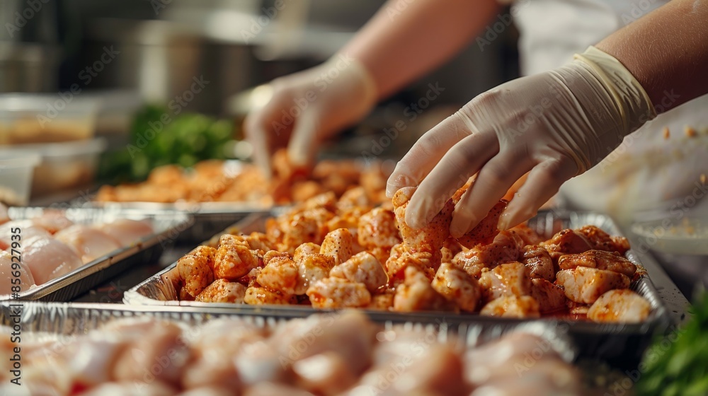 A close-up view of a person's hands seasoning raw chicken pieces for cooking, focusing on the food preparation process A close-up view of a person's hands seasoning raw chicken pieces for cooking, focusing on the food preparation process