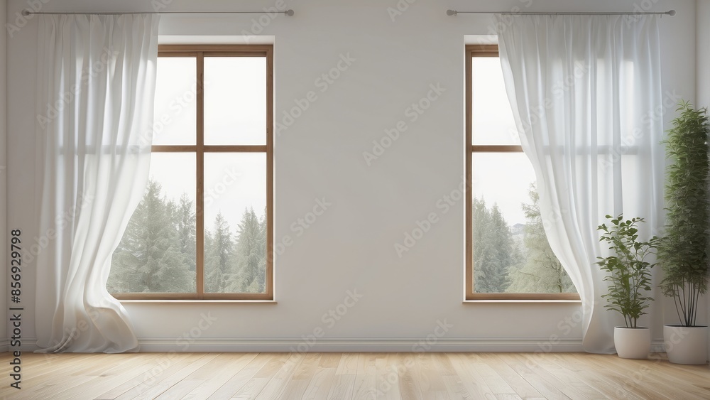 Fototapeta premium Interior home of empty blank room with curtain window on white wall copy space mock up, hardwood floor