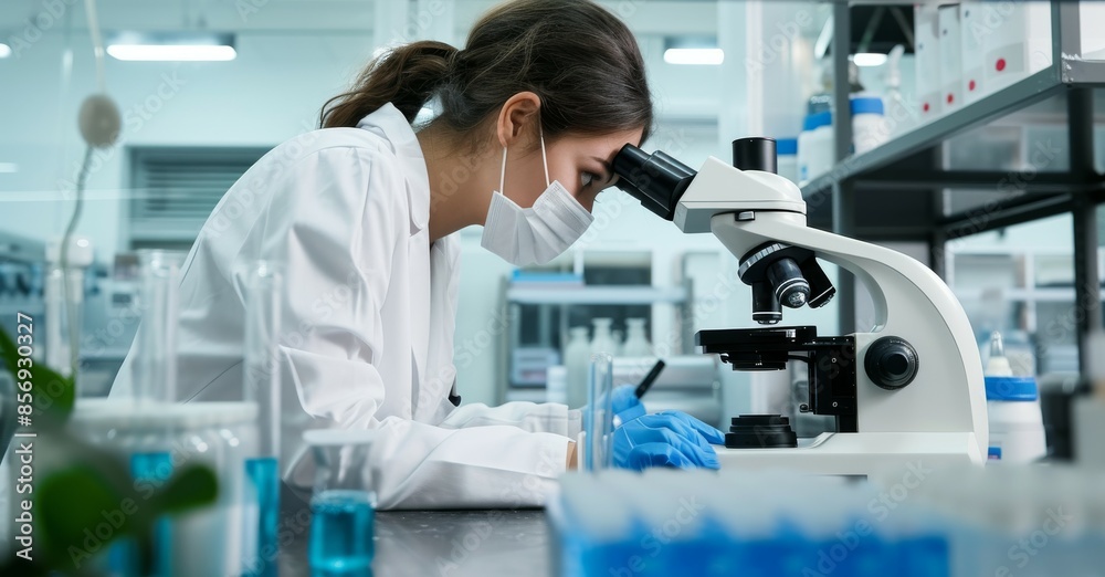 a young woman doctor was working at a microscope a young woman doctor was working at a microscope