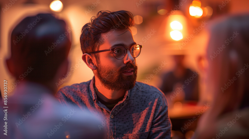 Man with glasses talking to group of people Man with glasses talking to group of people