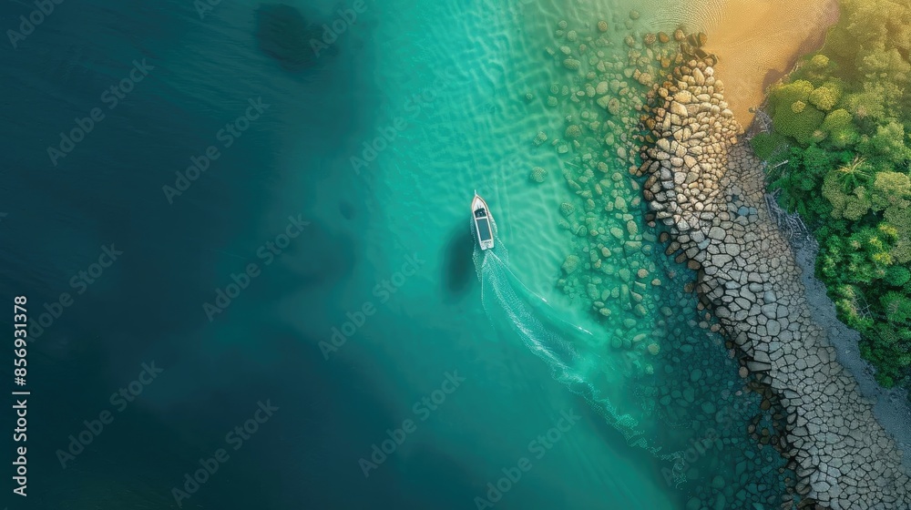 Fototapeta premium Aerial view of a boat navigating through clear turquoise waters near a rocky shoreline and lush green forest.