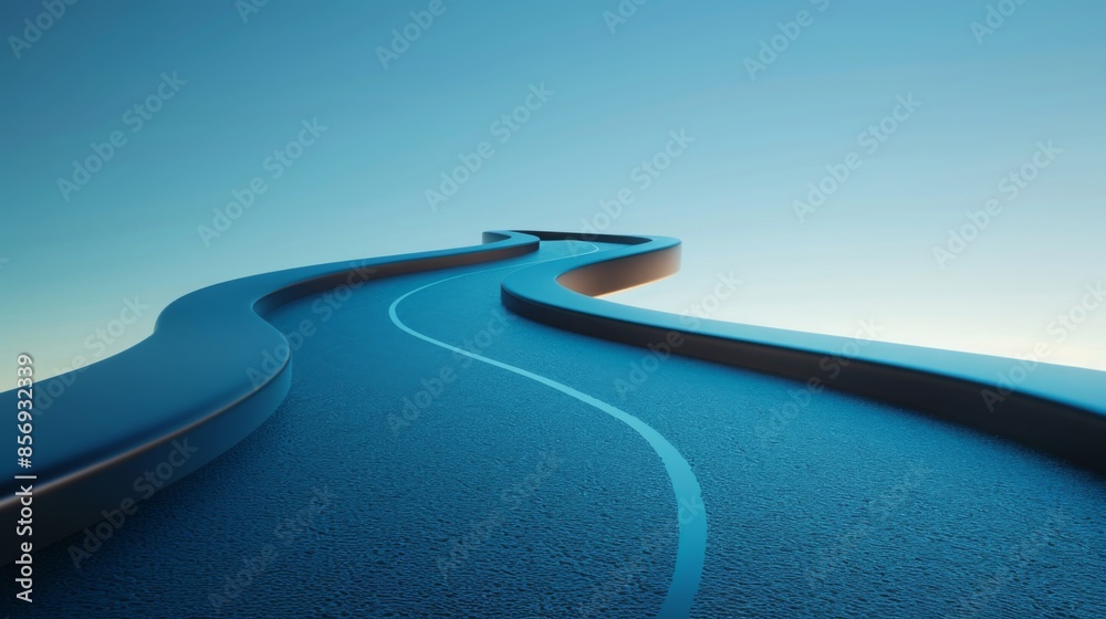 Serene 3D Render of a Long Winding Road on a Blue Background, Minimalist Landscape Design with Endless Path Serene 3D Render of a Long Winding Road on a Blue Background, Minimalist Landscape Design with Endless Path