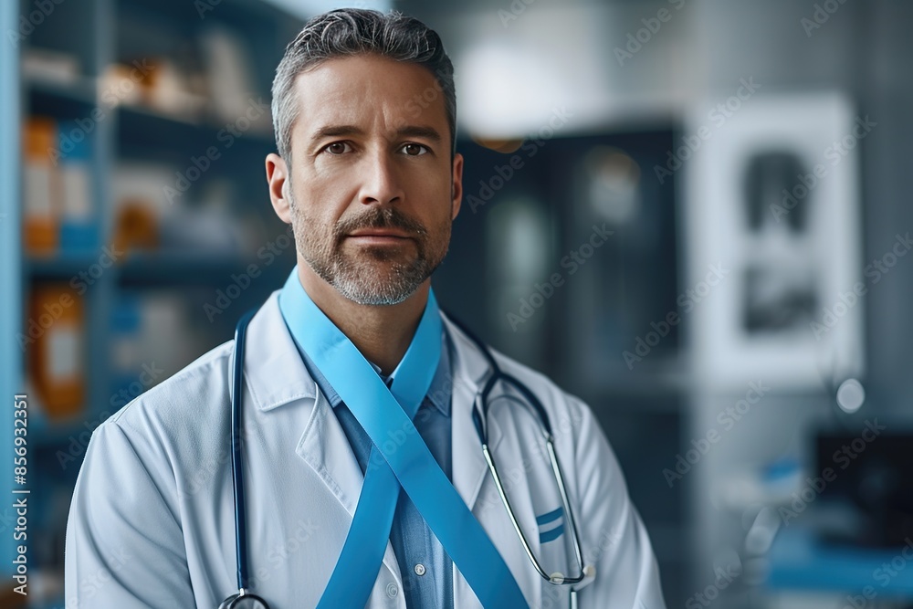 Blue November Prostate Cancer Awareness month, Doctor with Blue Ribbon in hospital for support people life and illness. Healthcare, International men, Father, Diabetes and World cancer day Blue November Prostate Cancer Awareness month, Doctor with Blue Ribbon in hospital for support people life and illness. Healthcare, International men, Father, Diabetes and World cancer day