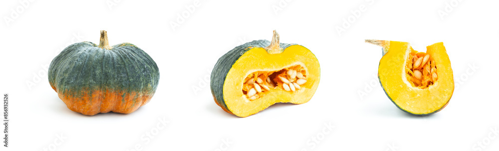 Fresh pumpkin with cut in half isolated on white background, Green pumpkin Fresh pumpkin with cut in half isolated on white background, Green pumpkin