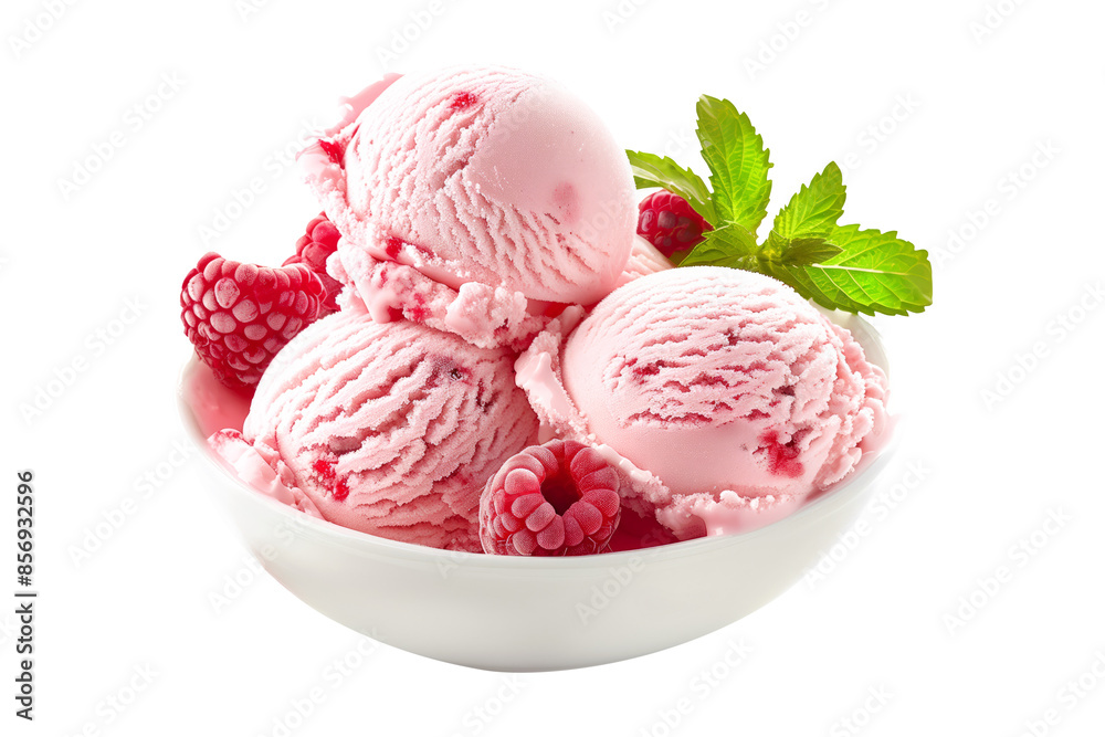 Scoops of sweet and creamy raspberry flavored pink ice cream isolated on white transparent background Scoops of sweet and creamy raspberry flavored pink ice cream isolated on white transparent background