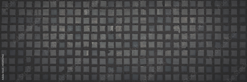 Dark wide panoramic background. Texture of ceramic tiles on the wall. Rough faded surface. Blank vintage background for design. Shaded texture with vignette. Dark wide panoramic background. Texture of ceramic tiles on the wall. Rough faded surface. Blank vintage background for design. Shaded texture with vignette.