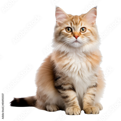 Adorable fluffy kitten with orange tabby markings sitting on white background, looking attentively with bright eyes.