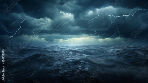 Lightning and thunder stormy sea scene illustration 