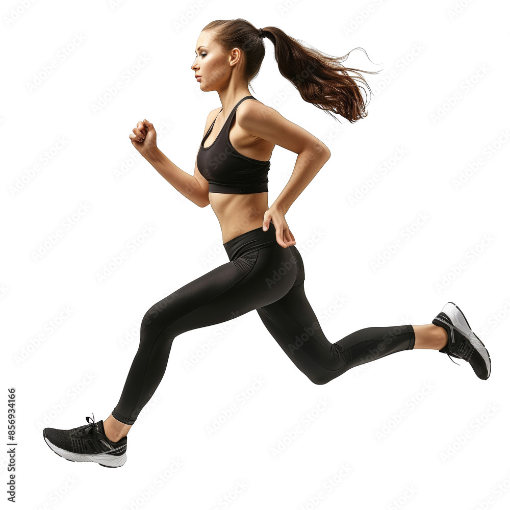 Focused athletic woman in sportswear running and exercising isolated on white background. Fitness, healthy lifestyle, and determination concept. Focused athletic woman in sportswear running and exercising isolated on white background. Fitness, healthy lifestyle, and determination concept.