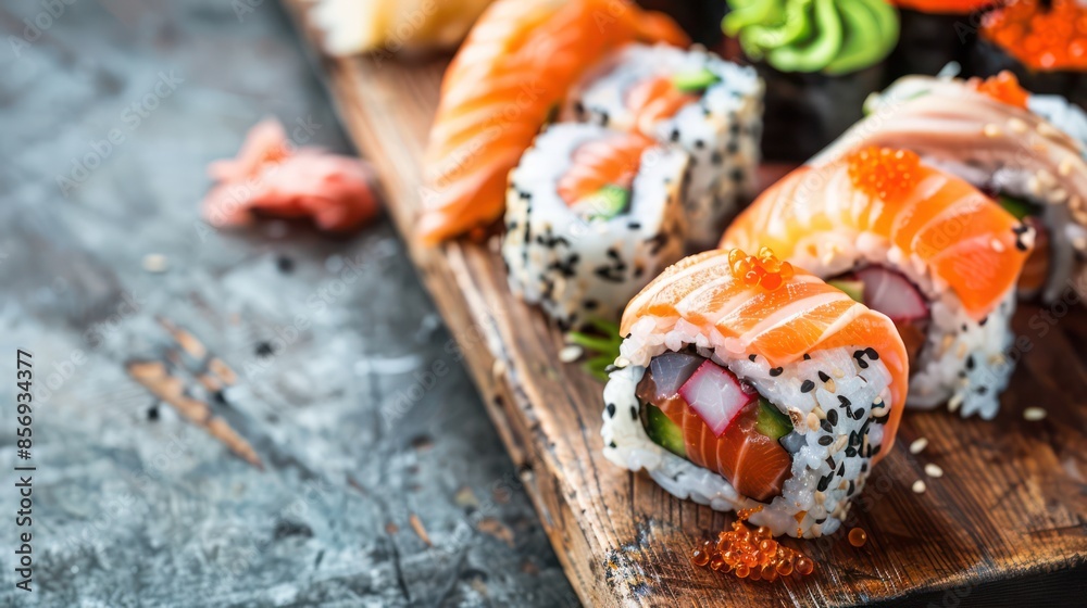 A vibrant, appetizing presentation of various fresh sushi rolls with salmon, garnished with fish roe and sesame seeds, creatively arranged on a rustic wooden board. A vibrant, appetizing presentation of various fresh sushi rolls with salmon, garnished with fish roe and sesame seeds, creatively arranged on a rustic wooden board.