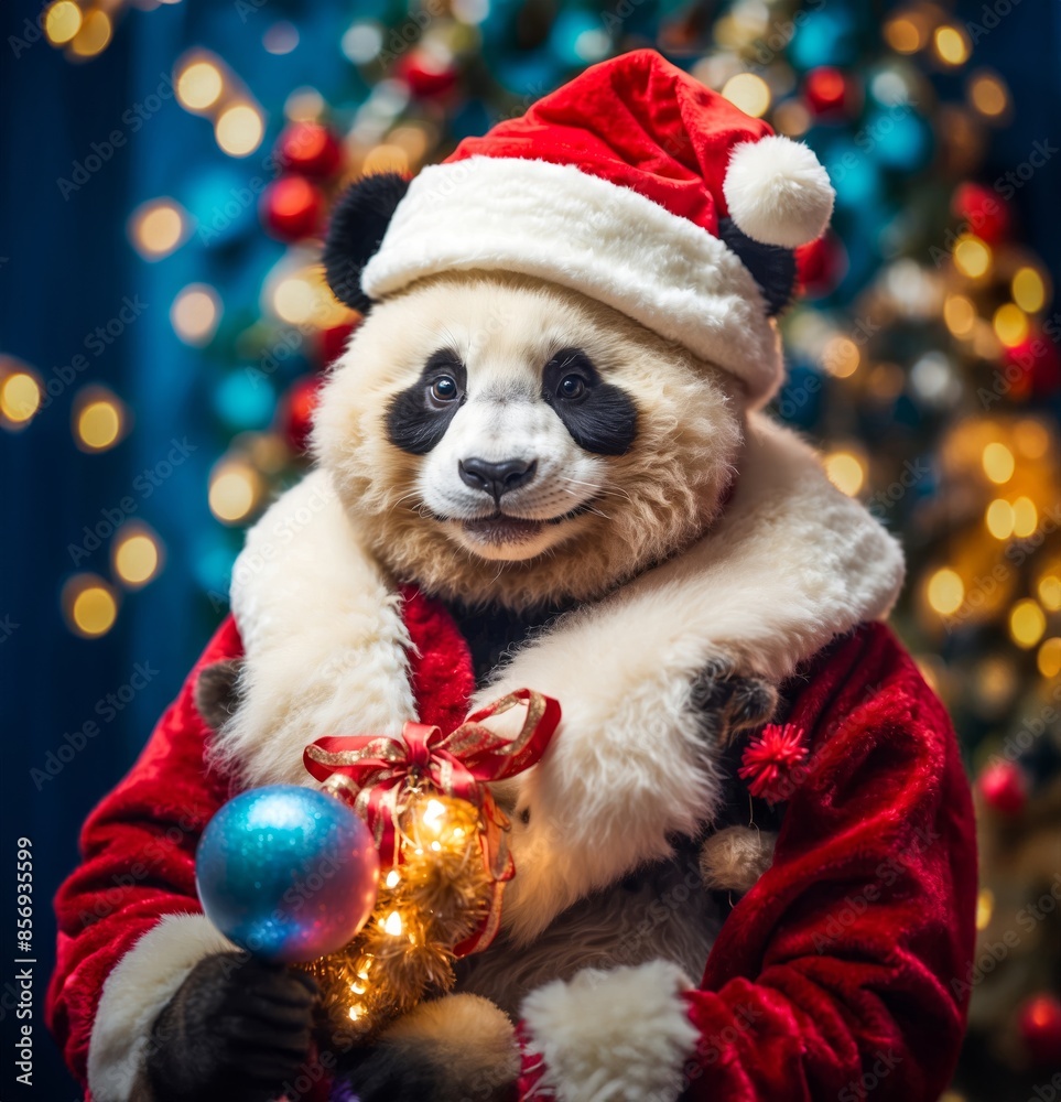 Panda in a bright Santa costume with Christmas garlands on the background of a Christmas tree. Panda in a bright Santa costume with Christmas garlands on the background of a Christmas tree.