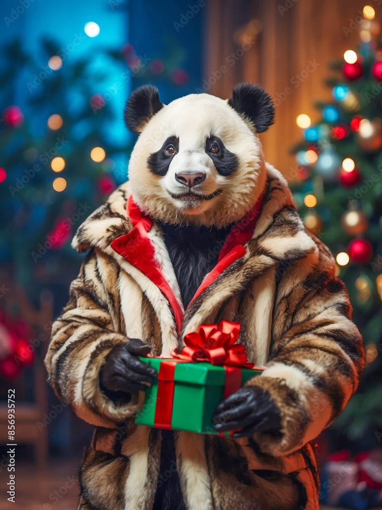 Panda in a fur coat with a New Year's gift in his hands on the background of a Christmas tree. Panda in a fur coat with a New Year's gift in his hands on the background of a Christmas tree.