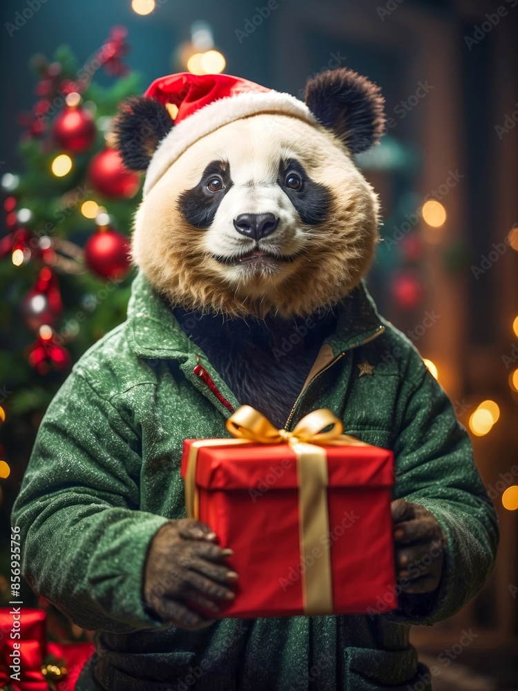 panda in a Santa hat with a New Year's gift on the background of a Christmas tree.