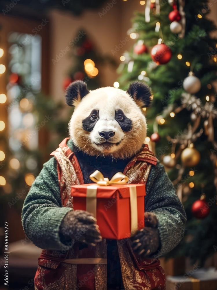 Panda in a warm sweater at home with a New Year's gift on the background of a Christmas tree.