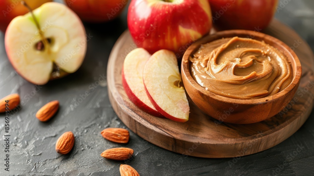 Healthy snack of apple slices with almond butter, nutritious snack, clean eating Healthy snack of apple slices with almond butter, nutritious snack, clean eating