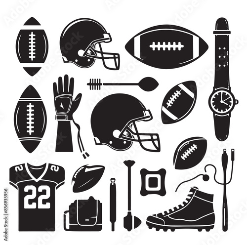 American football sports equipment. Vector sketch illustration. Ball, helmet, uniform t-shirt and protection gear icons, American football, rugby