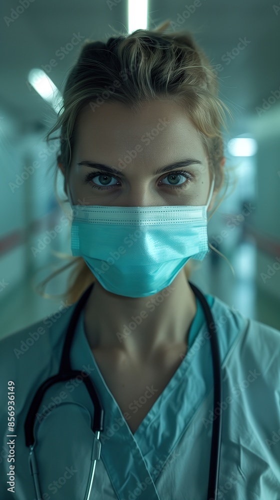 Young female doctor wearing a face mask and scrubs in a hospital corridor, medical professional, healthcare worker, stethoscope around neck.
Young female doctor wearing a face mask and scrubs in a hospital corridor, medical professional, healthcare worker, stethoscope around neck.