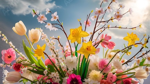Spring flowers on table beautiful blossom background