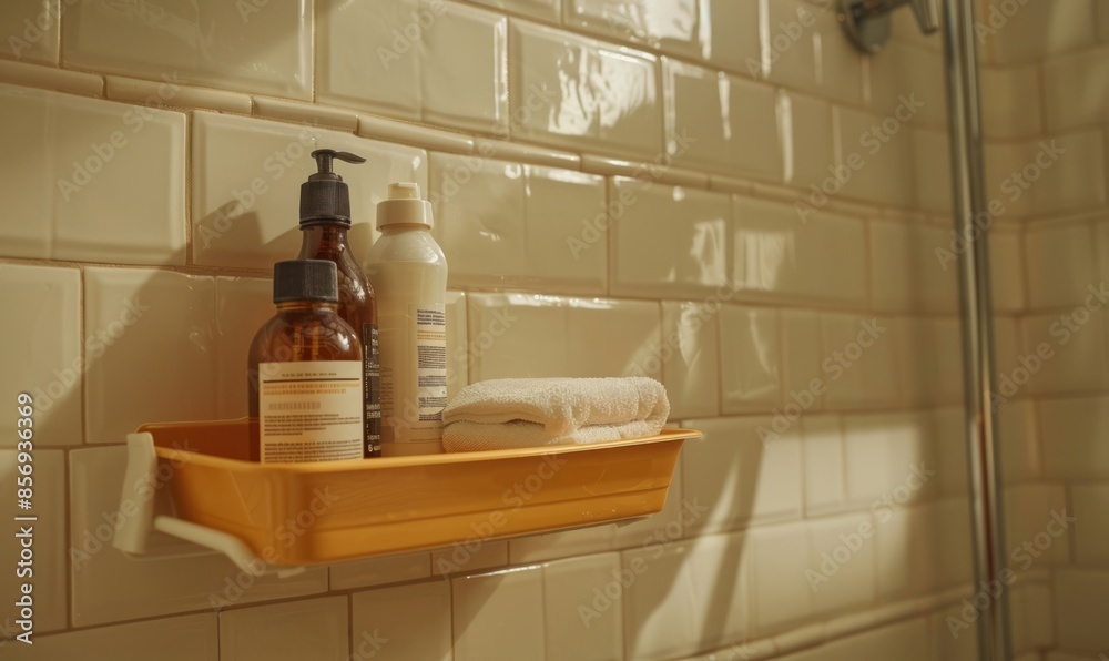 Cozy bathroom with an empty shower caddy Cozy bathroom with an empty shower caddy
