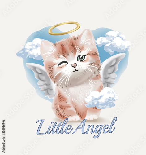 little angel slogan with cute kitten angel on blue sky background vector illustration