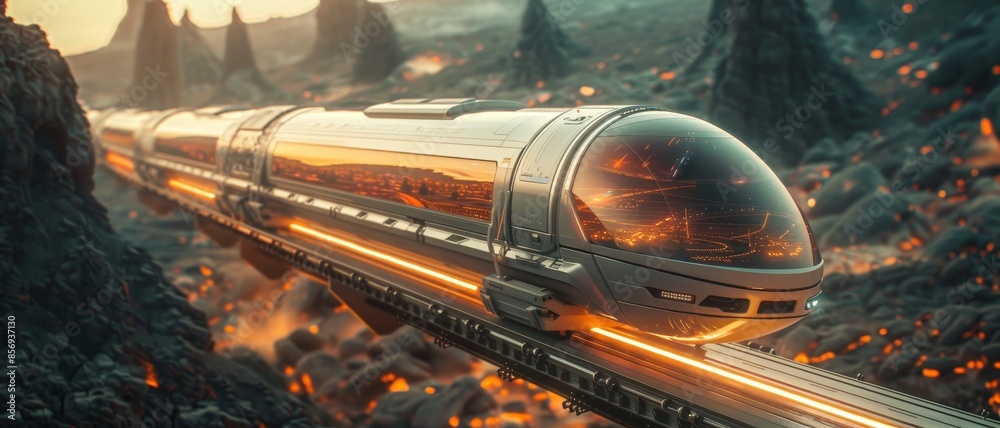 Futuristic high-speed train traveling through a sci-fi landscape with glowing neon lights and advanced technology in a dystopian backdrop. Futuristic high-speed train traveling through a sci-fi landscape with glowing neon lights and advanced technology in a dystopian backdrop.