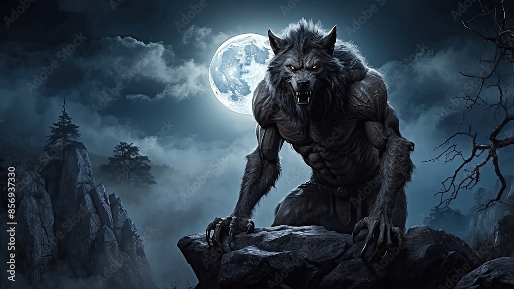 Werewolf Tree Night of the Lycanthrope. A terrifying, menacing werewolf perched on a ...