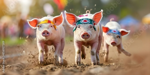 Pig race at county fair with colorful bandanawearing pigs competing for victory. Concept County Fair, Pig Race, Colorful Bandanas, Exciting Competition, Victory Run © Ян Заболотний