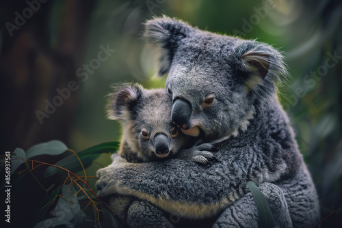 Heartwarming side view of a mother koala hugging her baby on a tree branch, surrounded by eucalyptus leaves in a natural setting. Wildlife Animals.