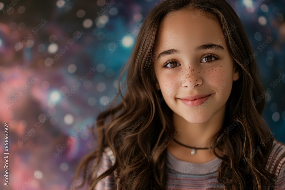 Smiling girl with freckles on a sparkling background