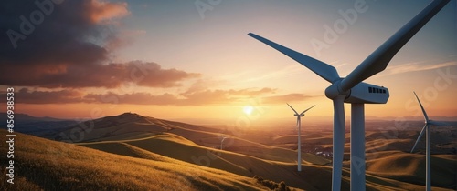 Rendering of a wind turbine on hilly terrain with a beautiful sunset in the background