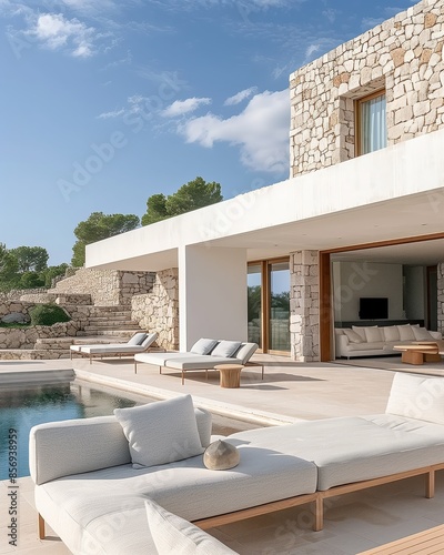 Modern Luxury Villa with Poolside Lounge. Generative AI.