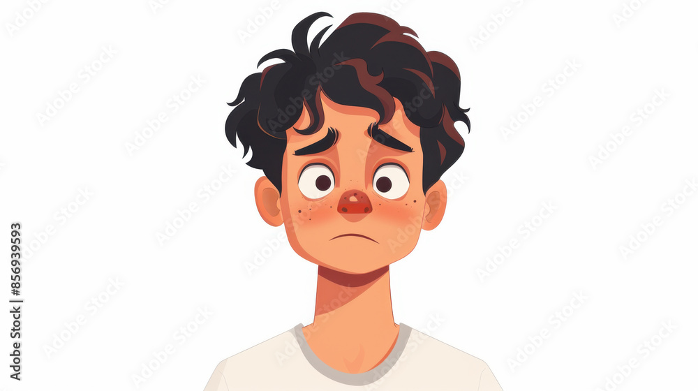 Illustration of a sad cartoon boy with freckles, expressing disappointment and worry, on a white background. Illustration of a sad cartoon boy with freckles, expressing disappointment and worry, on a white background.