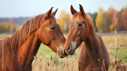 Two brown horses are standing next to each other in a field
