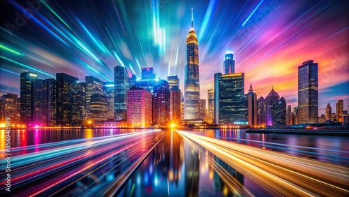 Vibrant cityscape with buildings and lights in blurred motion, urban, city, motion, dynamic, fast-paced, bustling © wasana