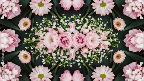 Wallpaper Mural Flat lay of lily of the valley cornflower daisy peony flowers over pastel powder pink Torontodigital.ca