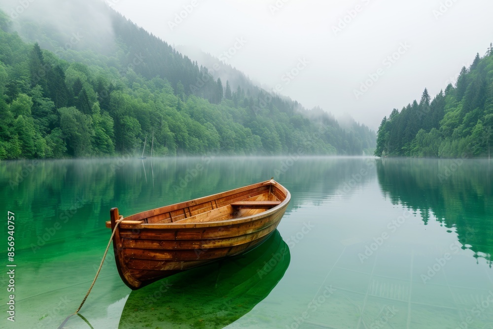 Serene lake scene with a lone wooden boat in misty weather