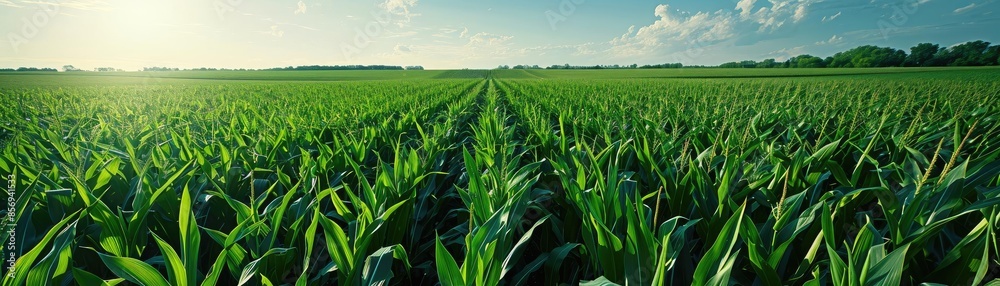 Expansive green cornfield under a blue sky with clouds and sunlight. Lush agricultural landscape ideal for farming and crop production visuals.