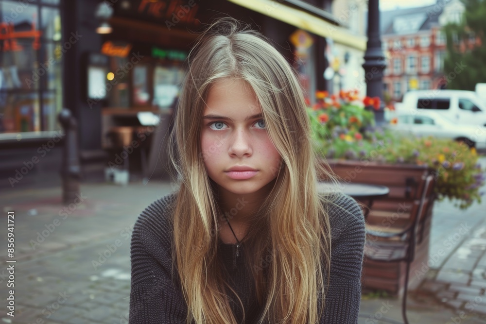 Young woman with captivating blue eyes in urban setting