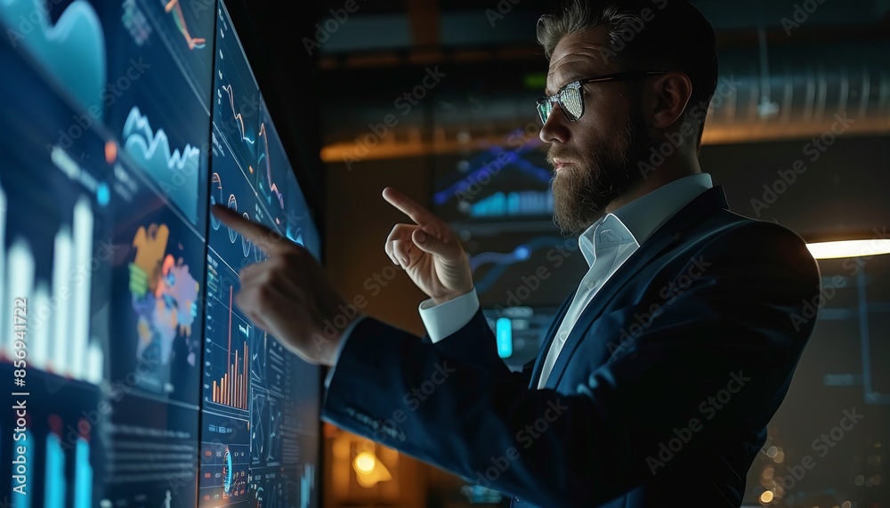 Leading the Way: Businessman Presenting Competitive Edge Strategies to Team on Digital Screen