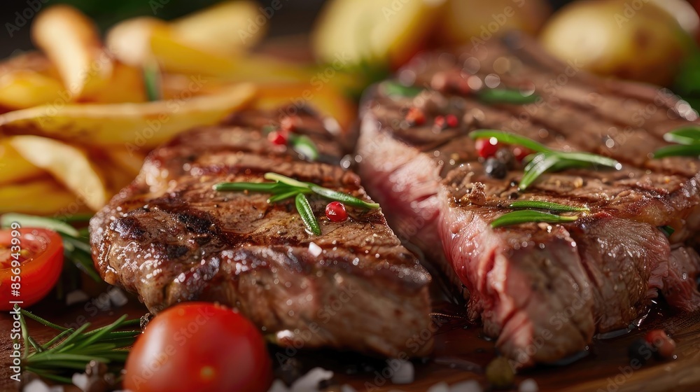 Delicious grilled steak with herbs, cherry tomatoes, and fries, perfect for a hearty meal. Delicious grilled steak with herbs, cherry tomatoes, and fries, perfect for a hearty meal.