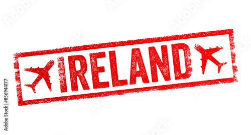Ireland - is an island in the North Atlantic Ocean, in north-western Europe, text emblem stamp with airplane