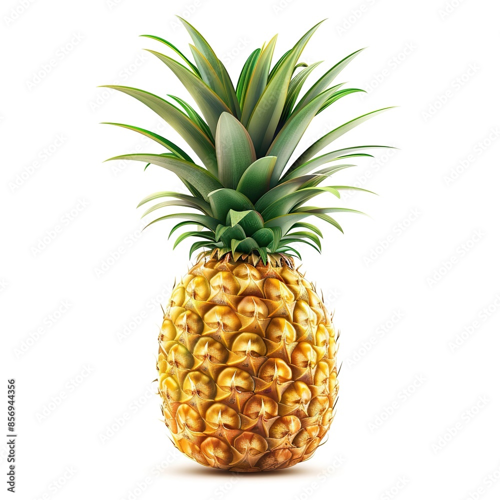 Fototapeta premium High-definition realistic illustration of a fresh pineapple, featuring vibrant tropical colors, isolated on a white background.