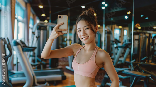 Young woman taking a gym selfie in front of mirror.