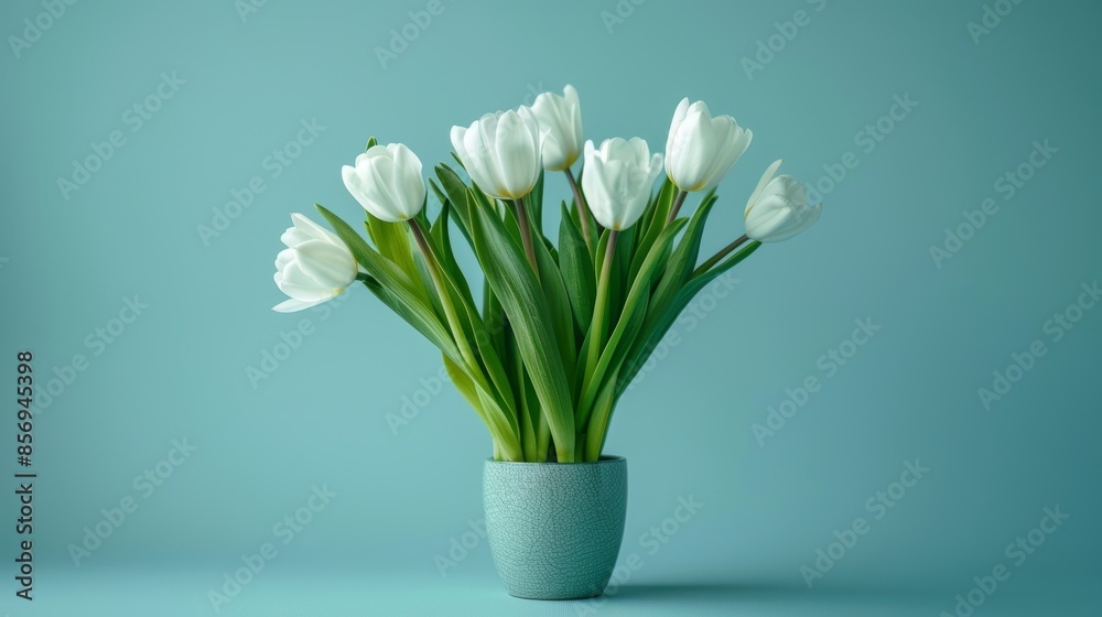 A vase of white flowers sits on a blue background A vase of white flowers sits on a blue background