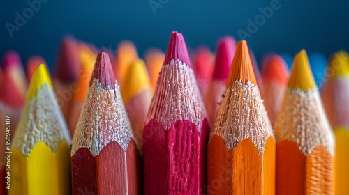 A row of pencils with different colors and one of them is yellow