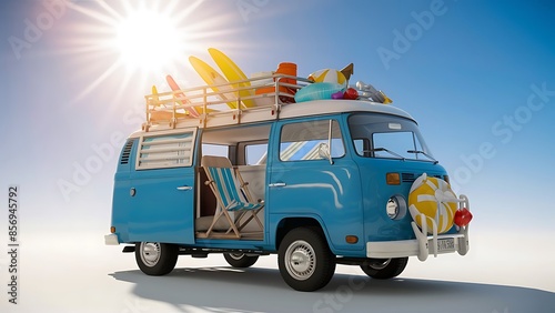 Blue van with deck chair and beach accessory 3D Rendering