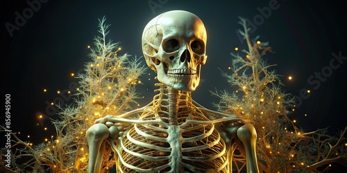 Skeleton covered in glowing organic outgrowths, spirit, illumination, light, growth, nature, surreal, transformation, mystery photo