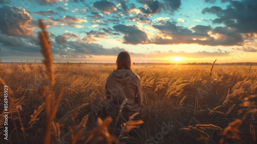 A woman is standing in a field of tall grass, looking out at the sunset © ART IS AN EXPLOSION.