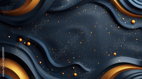 A captivating abstract image featuring dark, flowing waves embellished with gold accents and scattered particles, creating a sense of depth and luxury. photo